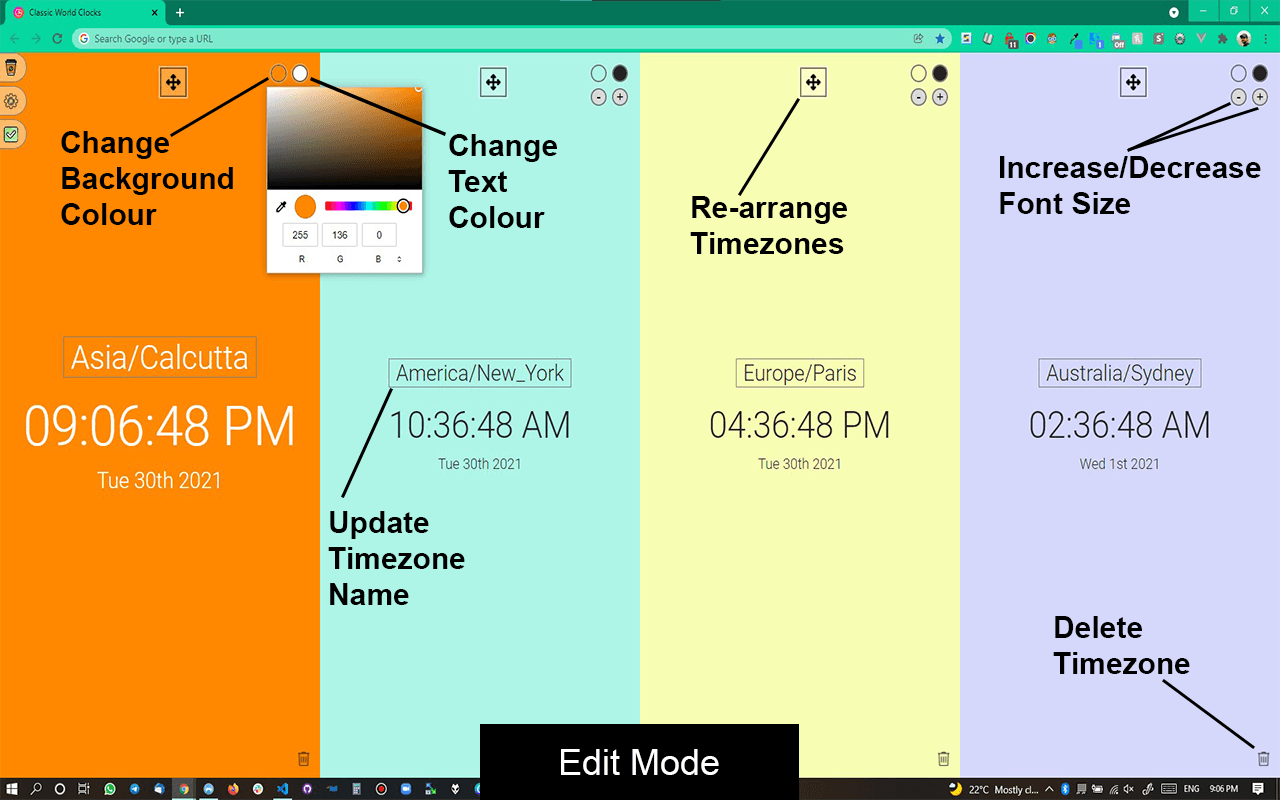 World Clocks Extension - Screenshot